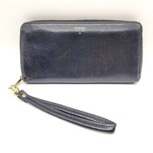 Fossil Sydney Blk Leather Zip Around Wallet Wristlet Clutch Green Interior Chic